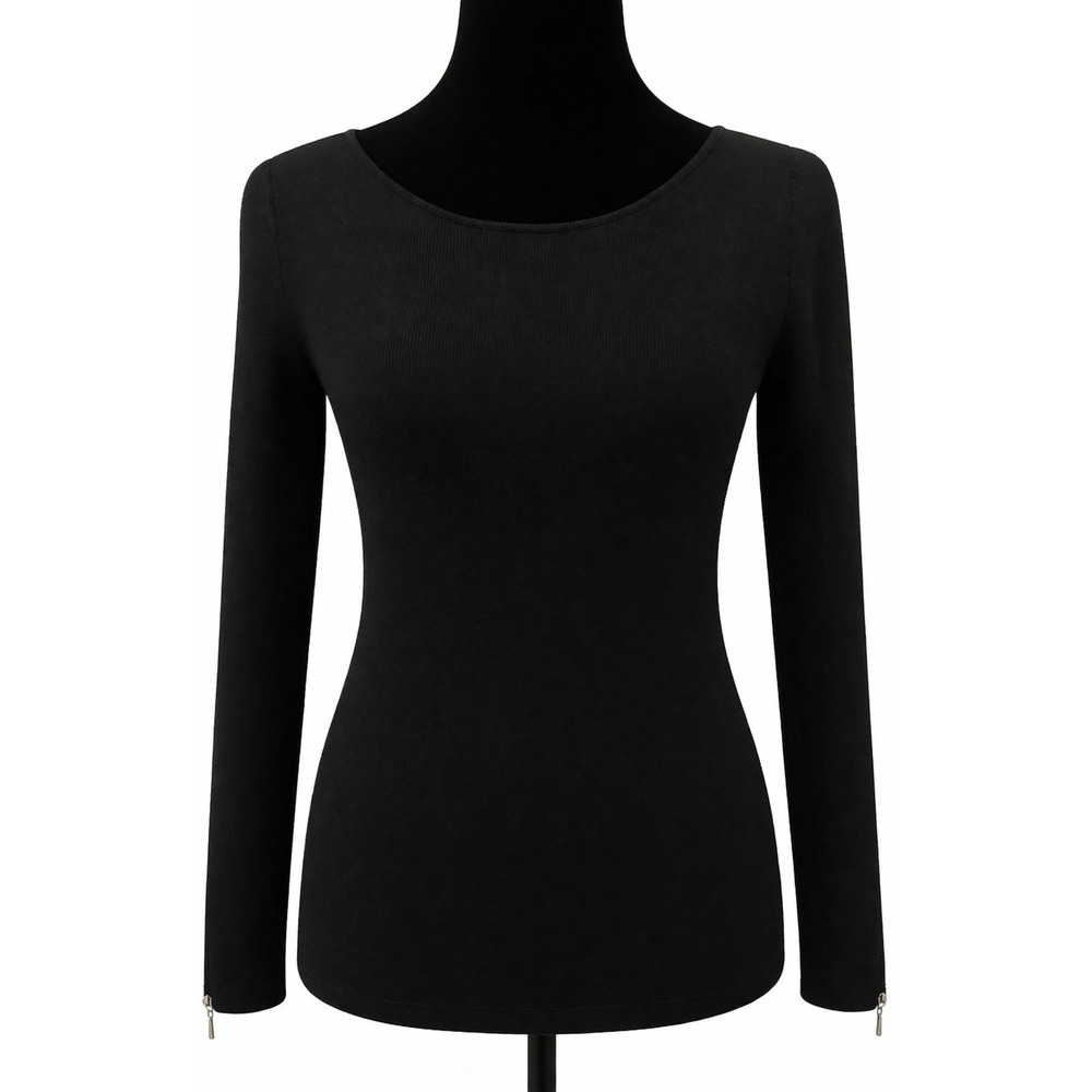 Cache Womens Long Silver Metal Full Zipper Sleeve Sweater Medium Black Knit